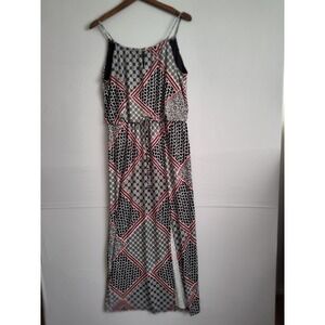 Women Geometric Patchwork Print Maxi Dress Black White Red Slit Size 10 Boho